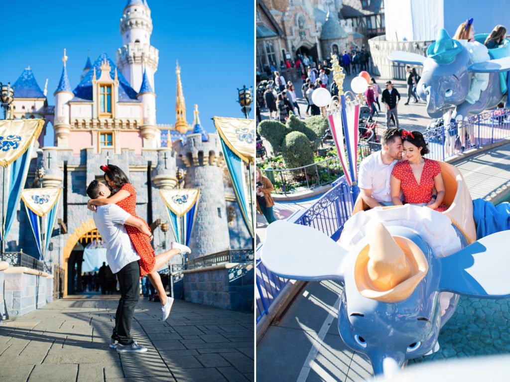 Disneyland engagement in front of the Disney castle and on Dumbo