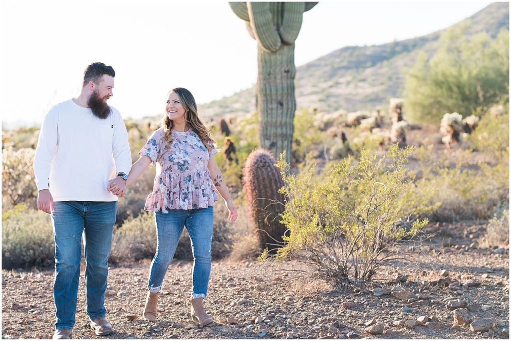 Sonoran Desert engagement photos with cacti in the background