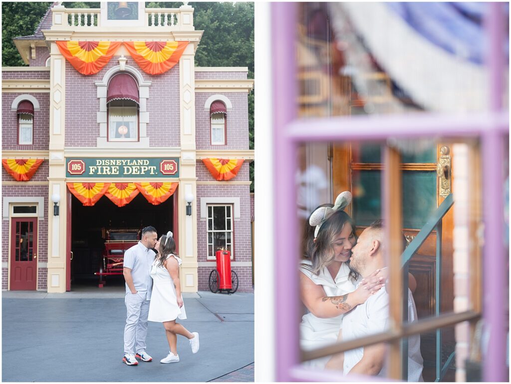 Disneyland engagement photos on Main Street