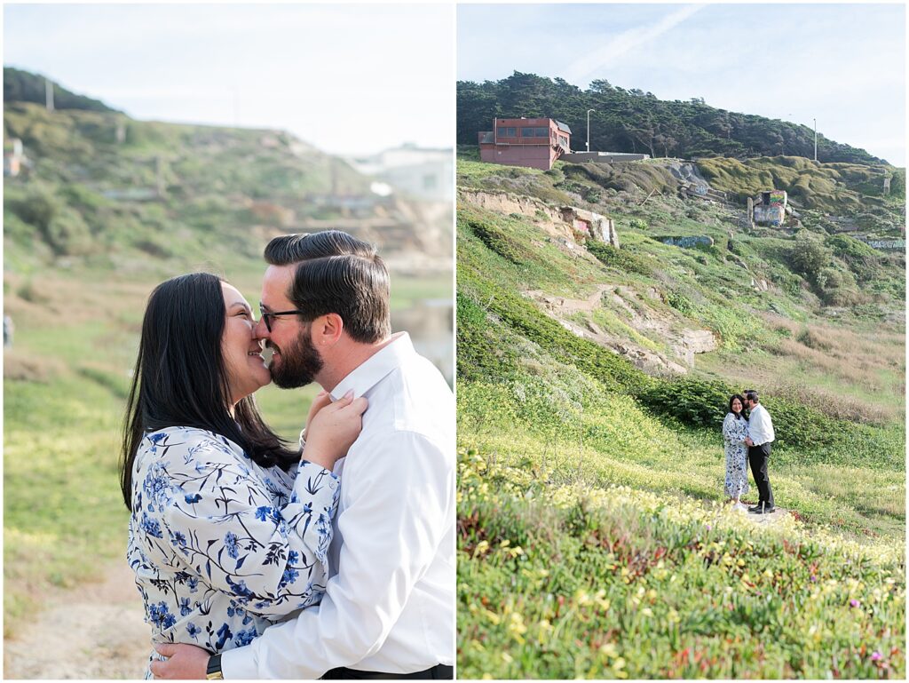 Sutro Bath Engagement Session while on the green grass area